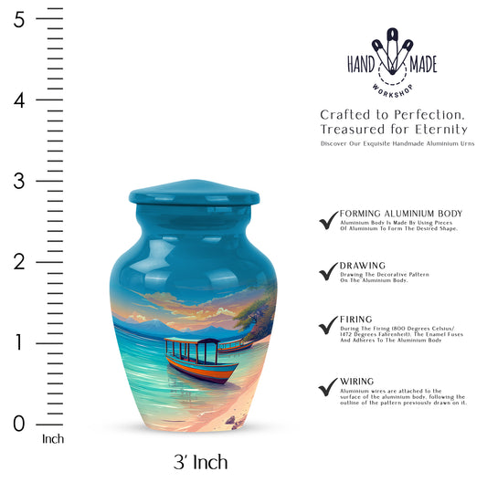 Pastel Blue Beach Cremation Urn close-up of engraving and surface detail - timeless beach motif etched into premium metal - mini keepsake memorial for portion of cremation ashes