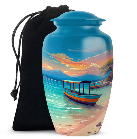 Slate Blue Beach Cremation Urn angled view of lid and engraved motif - timeless beach motif etched into premium metal - full-size 10 inch 200 cubic inch adult cremation urn