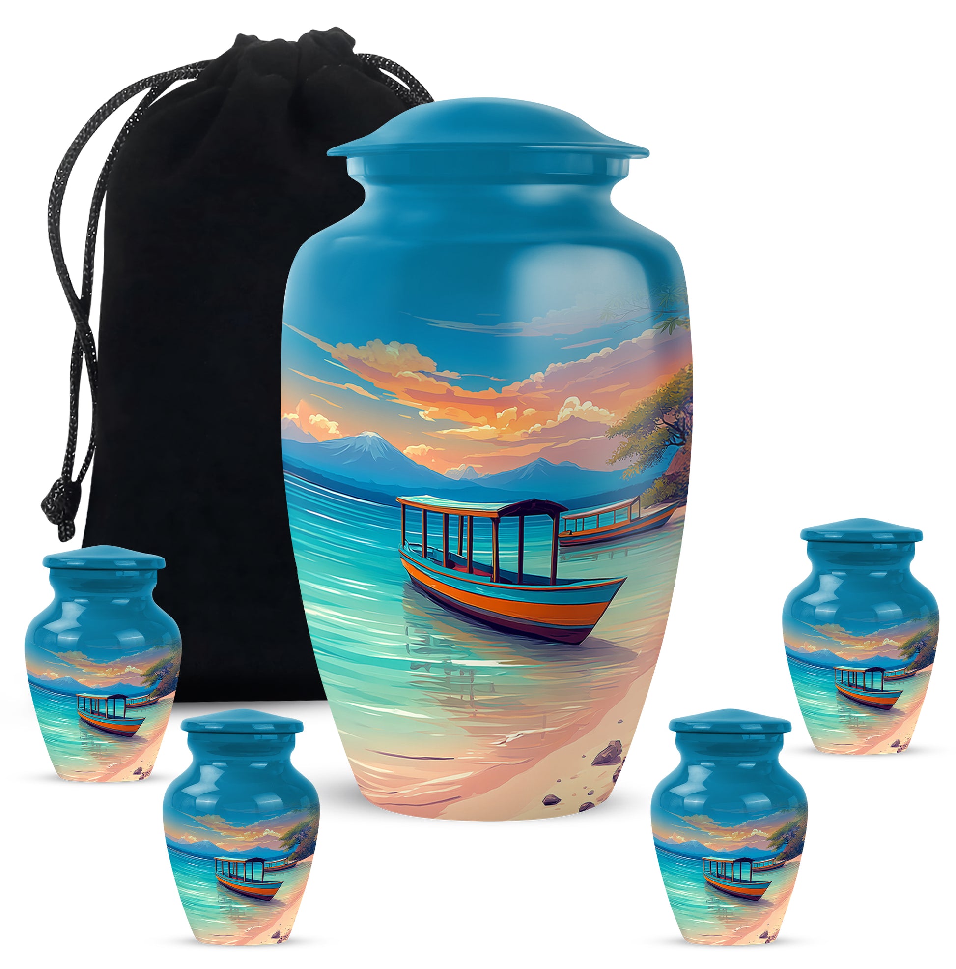Sapphire Blue Beach Cremation Urn top-down view of secure threaded lid - elegant classic beach relief with fine detailing - memorial set with one large and four small urns