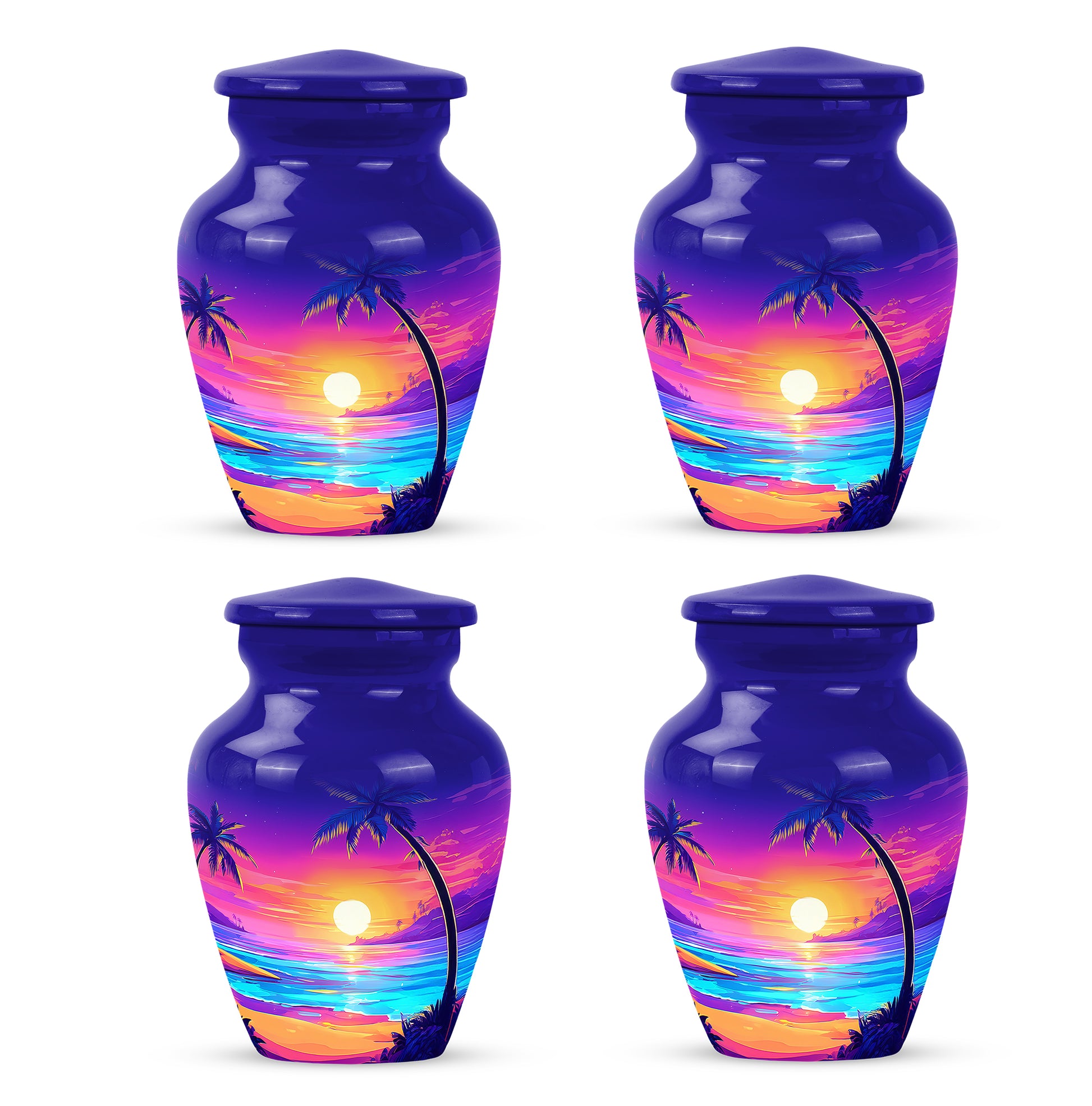 Serene Blue Beach Cremation Urn side profile showing urn shape - elegant classic beach relief with fine detailing - 10 inch aluminum urn for cremated remains