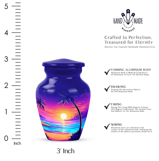 Dusty Blue Beach Cremation Urn close-up of engraving and surface detail - timeless beach motif etched into premium metal - mini keepsake memorial for portion of cremation ashes