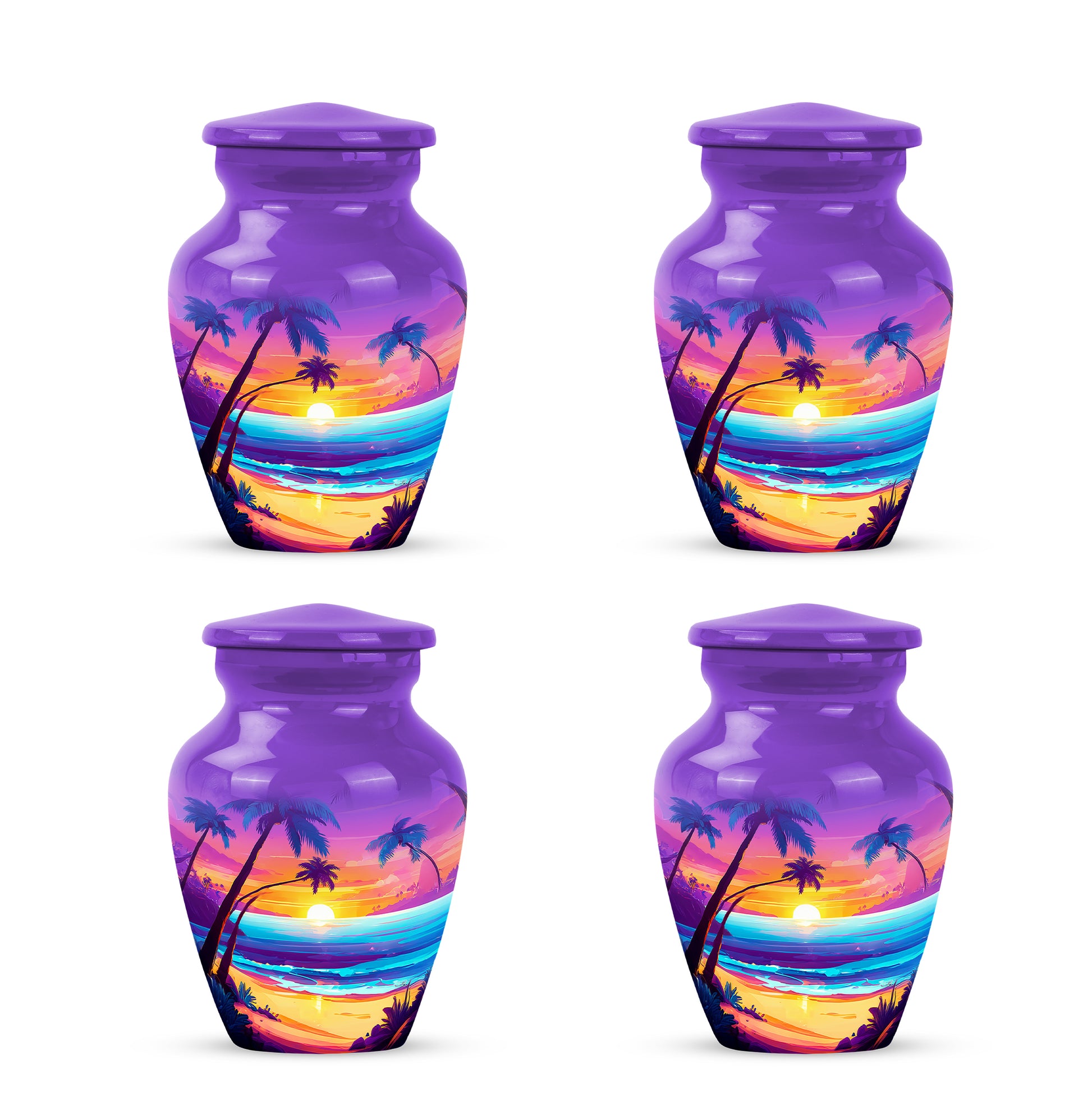 Amethyst Purple Beach Cremation Urn side profile showing urn shape - timeless beach motif etched into premium metal - 10 inch aluminum urn for cremated remains