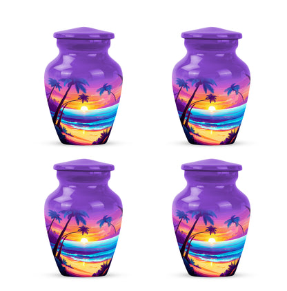 Amethyst Purple Beach Cremation Urn side profile showing urn shape - timeless beach motif etched into premium metal - 10 inch aluminum urn for cremated remains