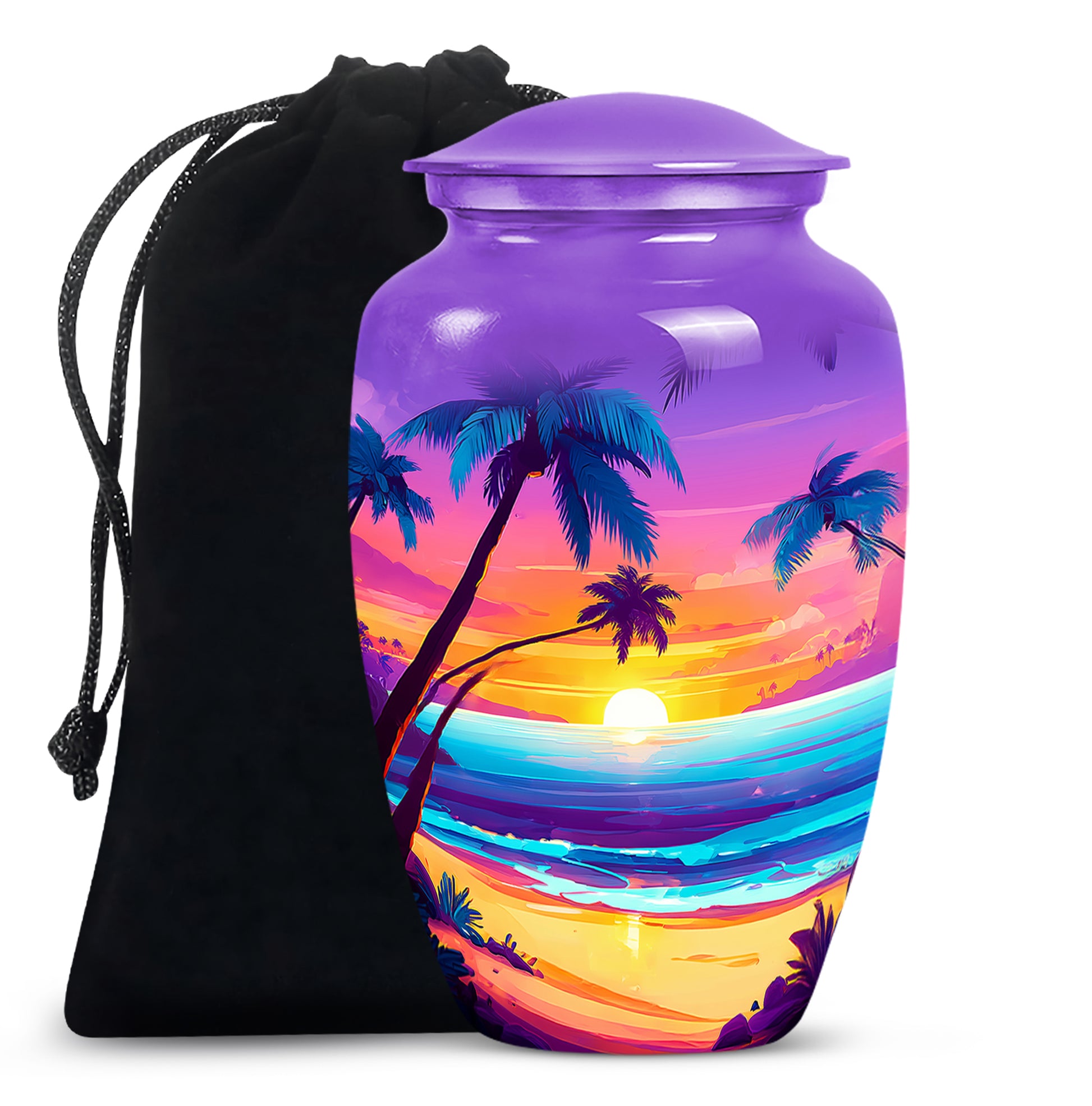 Violet Purple Beach Cremation Urn angled view of lid and engraved motif - elegant classic beach relief with fine detailing - full-size 10 inch 200 cubic inch adult cremation urn