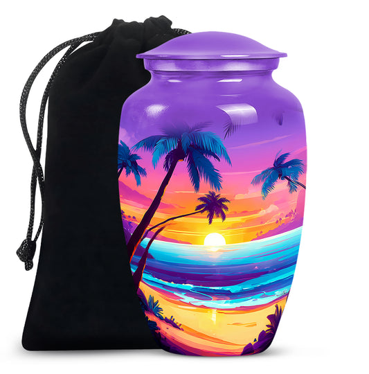 Violet Purple Beach Cremation Urn angled view of lid and engraved motif - elegant classic beach relief with fine detailing - full-size 10 inch 200 cubic inch adult cremation urn