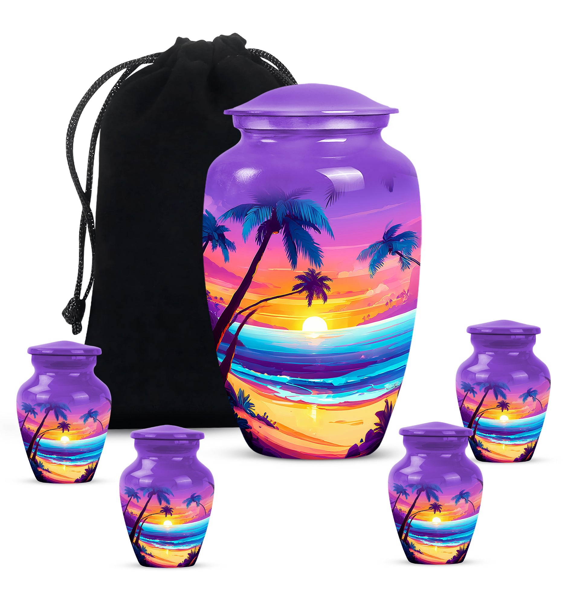 Grape Purple Beach Cremation Urn top-down view of secure threaded lid - traditional beach engraving with hand-polished finish - memorial set with one large and four small urns