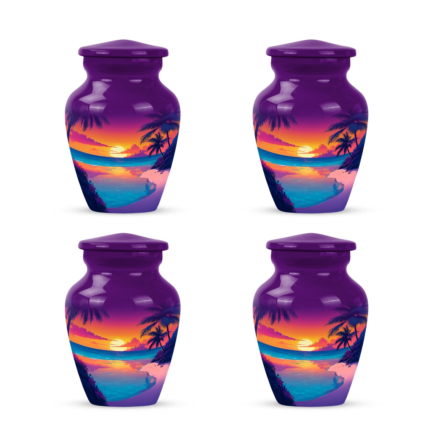 Lavender Purple Beach Cremation Urn side profile showing urn shape - elegant classic beach relief with fine detailing - 10 inch aluminum urn for cremated remains