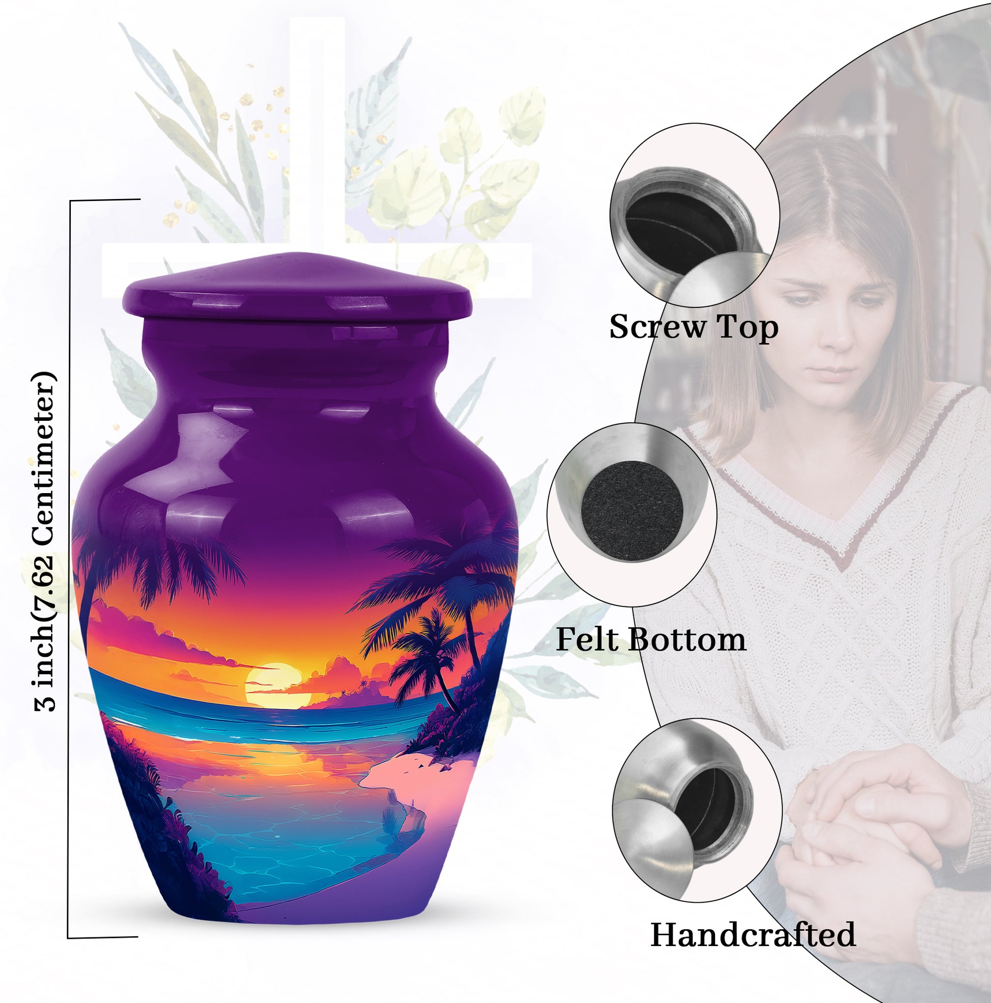 Deep Purple Beach Cremation Urn close-up of engraving and surface detail - classic sculpted beach pattern on smooth aluminum - mini keepsake memorial for portion of cremation ashes
