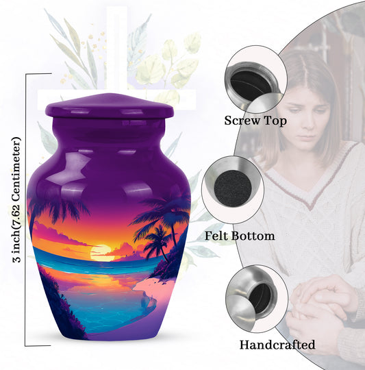 Deep Purple Beach Cremation Urn close-up of engraving and surface detail - classic sculpted beach pattern on smooth aluminum - mini keepsake memorial for portion of cremation ashes