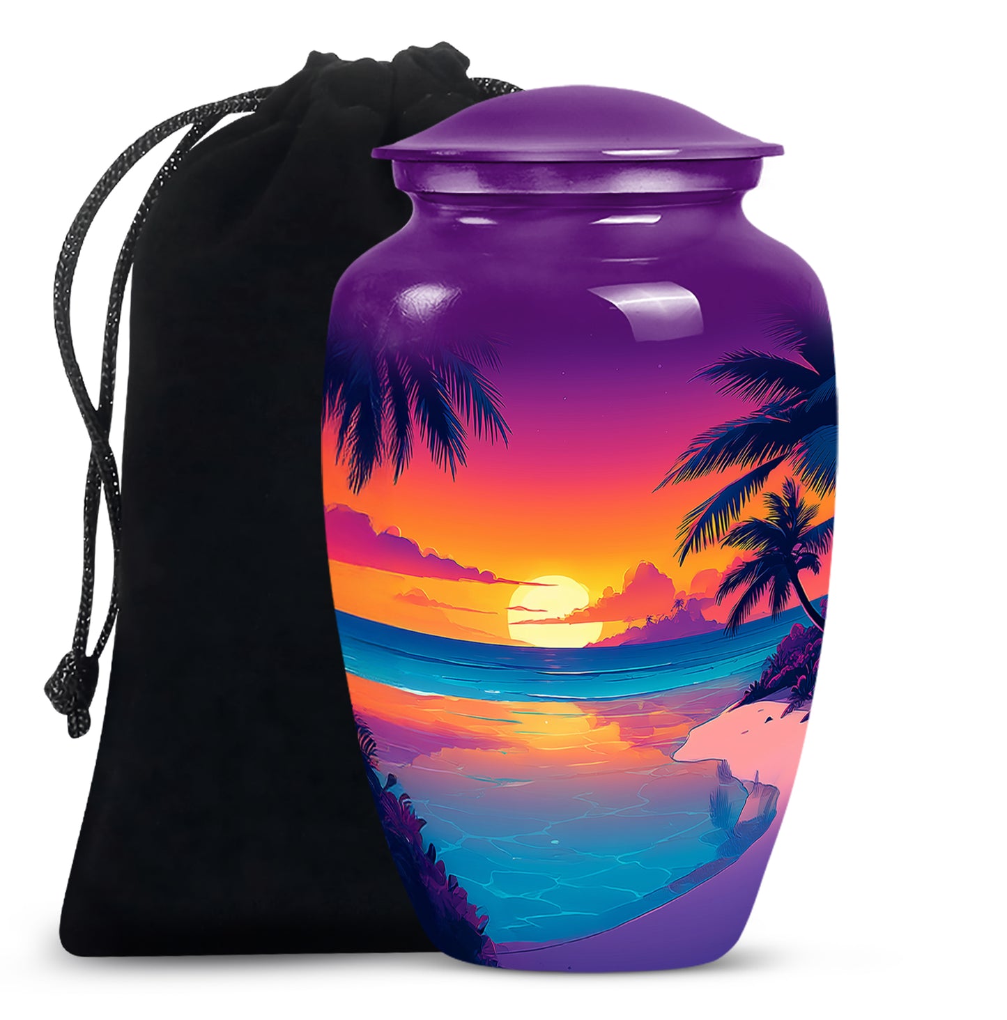 Royal Purple Beach Cremation Urn angled view of lid and engraved motif - elegant classic beach relief with fine detailing - full-size 10 inch 200 cubic inch adult cremation urn