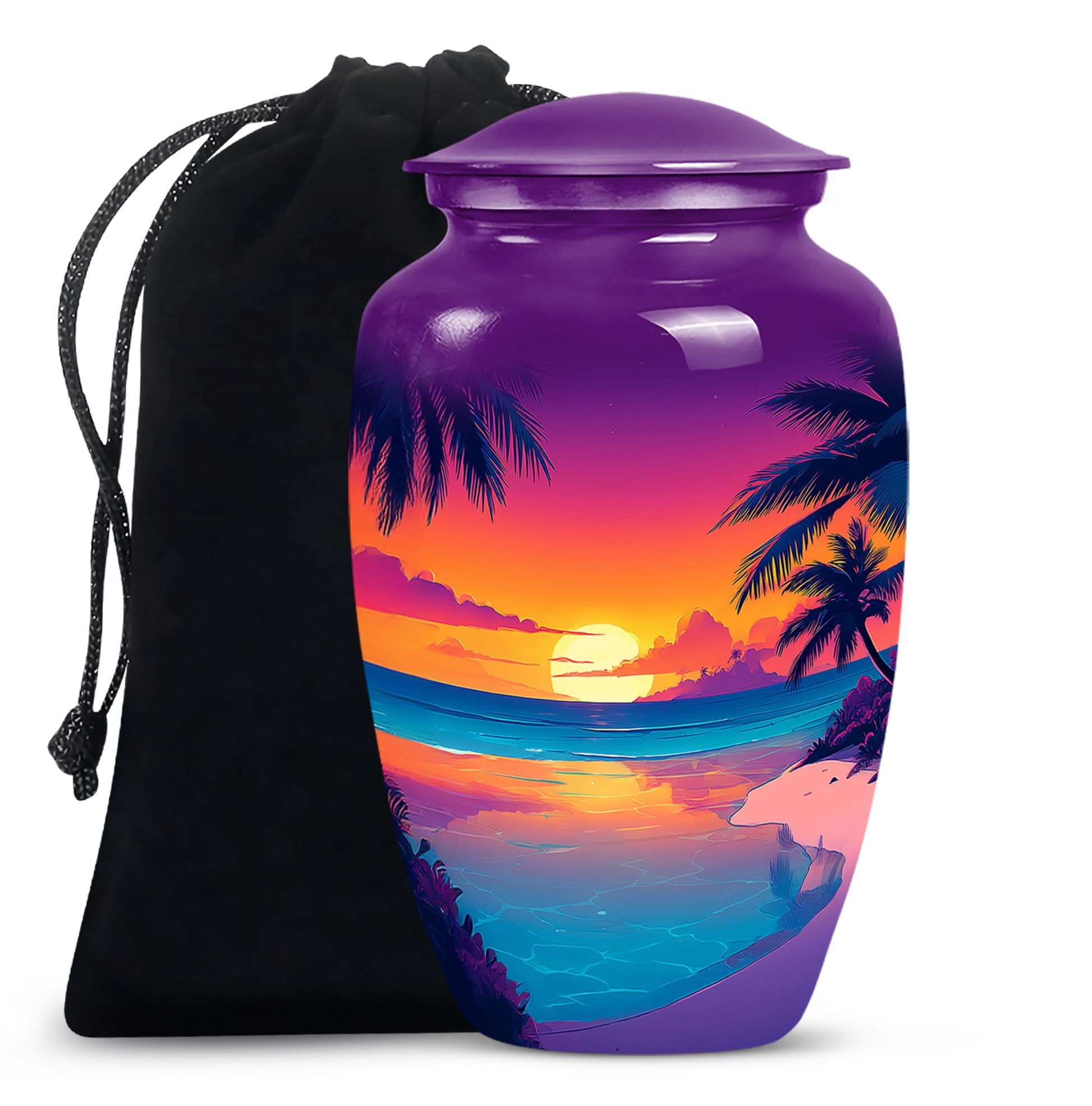 Royal Purple Beach Cremation Urn angled view of lid and engraved motif - elegant classic beach relief with fine detailing - full-size 10 inch 200 cubic inch adult cremation urn