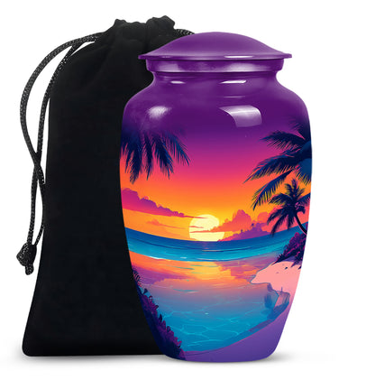 Royal Purple Beach Cremation Urn angled view of lid and engraved motif - elegant classic beach relief with fine detailing - full-size 10 inch 200 cubic inch adult cremation urn