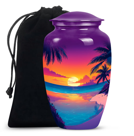 Royal Purple Beach Cremation Urn angled view of lid and engraved motif - elegant classic beach relief with fine detailing - full-size 10 inch 200 cubic inch adult cremation urn