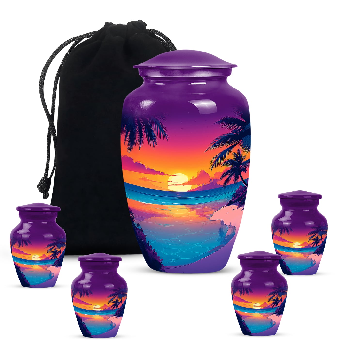Amethyst Purple Beach Cremation Urn top-down view of secure threaded lid - timeless beach motif etched into premium metal - memorial set with one large and four small urns