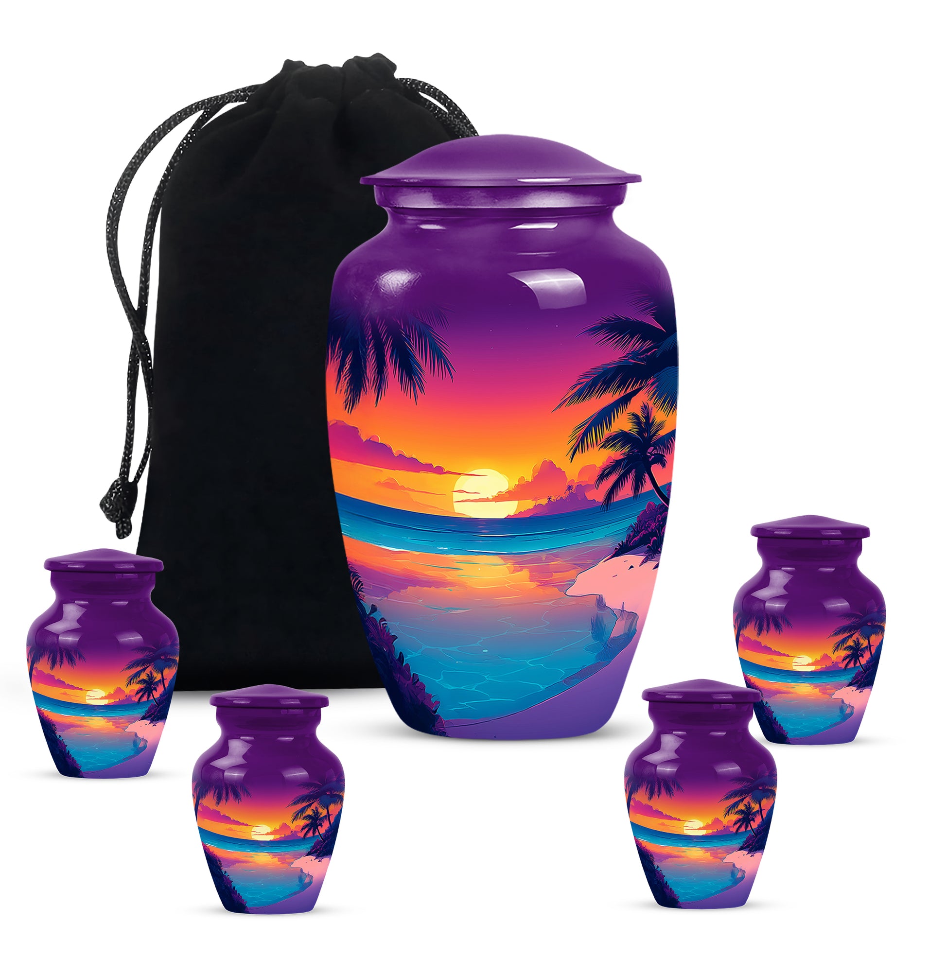 Amethyst Purple Beach Cremation Urn top-down view of secure threaded lid - timeless beach motif etched into premium metal - memorial set with one large and four small urns