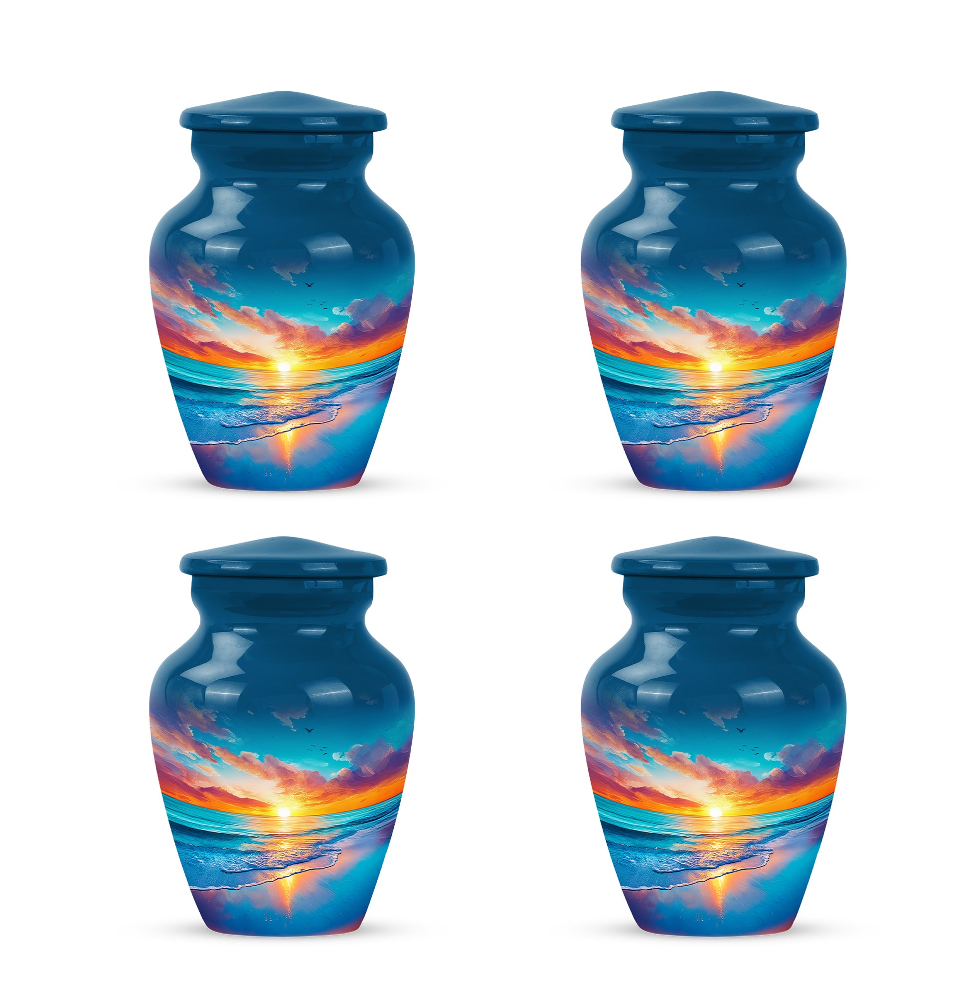 Misty Blue Beach Cremation Urn side profile showing urn shape - timeless beach motif etched into premium metal - 10 inch aluminum urn for cremated remains