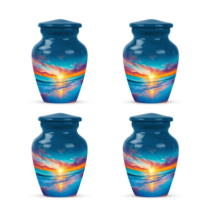 Misty Blue Beach Cremation Urn side profile showing urn shape - timeless beach motif etched into premium metal - 10 inch aluminum urn for cremated remains