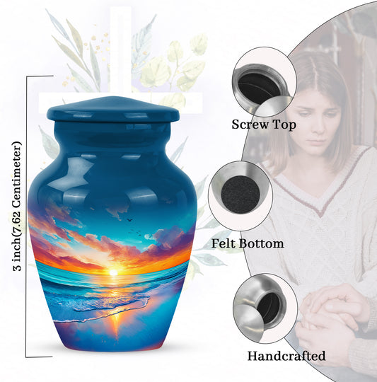 Twilight Blue Beach Cremation Urn close-up of engraving and surface detail - traditional beach engraving with hand-polished finish - mini keepsake memorial for portion of cremation ashes