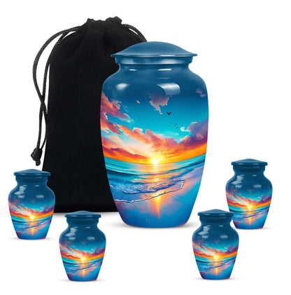 Cornflower Blue Beach Cremation Urn top-down view of secure threaded lid - elegant classic beach relief with fine detailing - memorial set with one large and four small urns