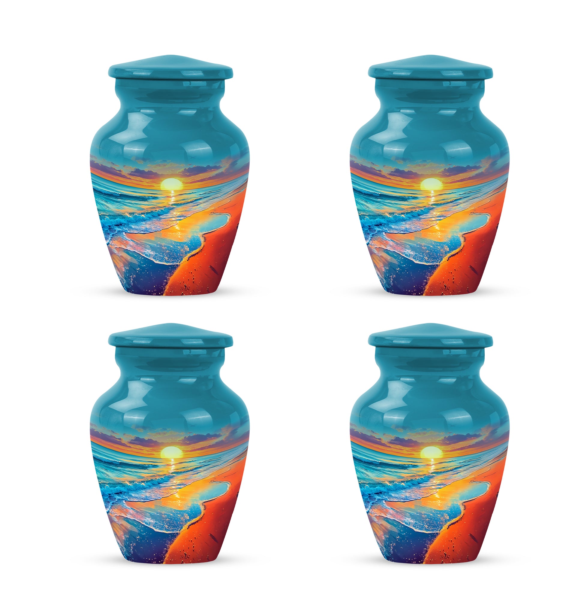 Soft Teal Beach Cremation Urn side profile showing urn shape - timeless beach motif etched into premium metal - 10 inch aluminum urn for cremated remains