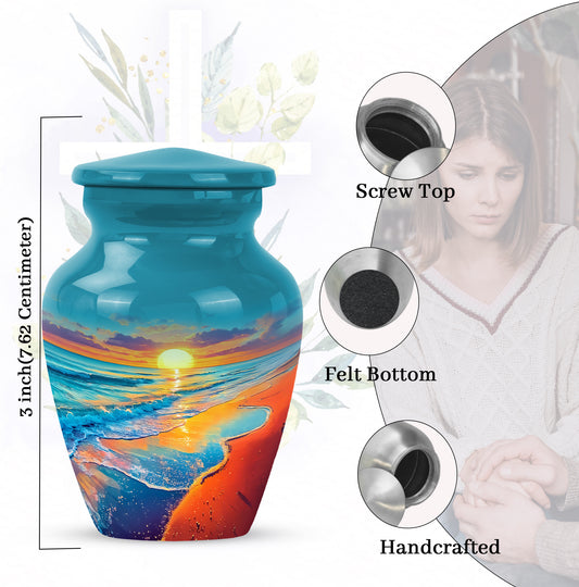 Deep Teal Beach Cremation Urn close-up of engraving and surface detail - traditional beach engraving with hand-polished finish - mini keepsake memorial for portion of cremation ashes