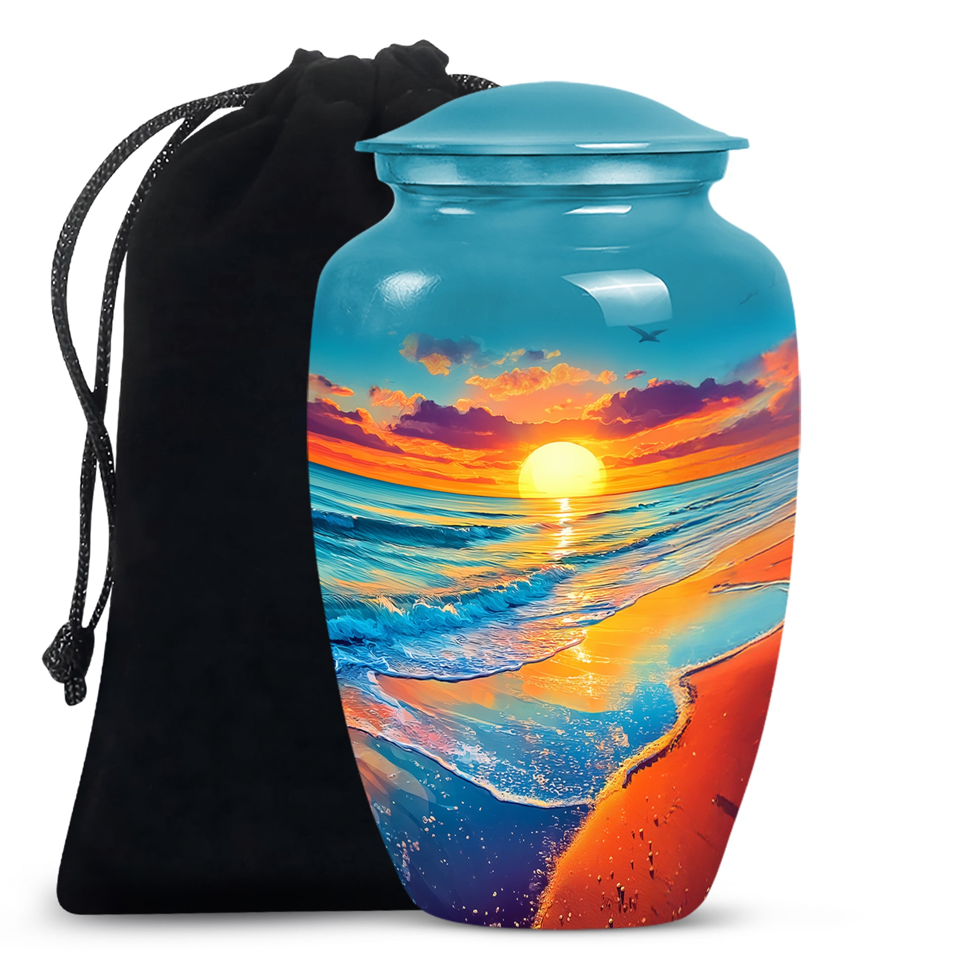 Jewel Teal Beach Cremation Urn angled view of lid and engraved motif - classic sculpted beach pattern on smooth aluminum - full-size 10 inch 200 cubic inch adult cremation urn