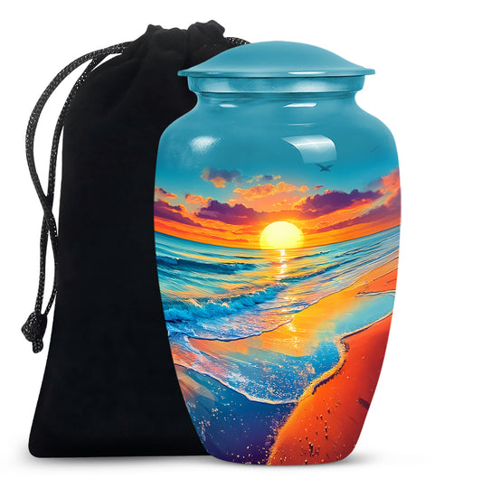 Jewel Teal Beach Cremation Urn angled view of lid and engraved motif - classic sculpted beach pattern on smooth aluminum - full-size 10 inch 200 cubic inch adult cremation urn