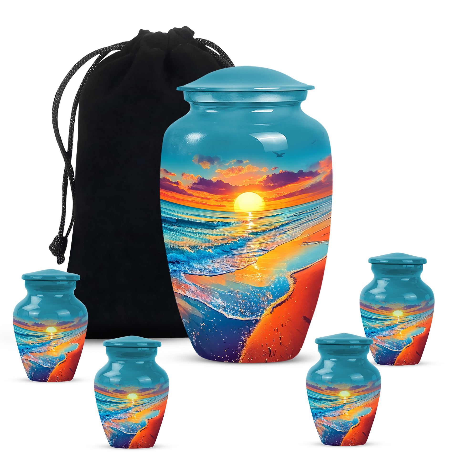 Tropical Teal Beach Cremation Urn top-down view of secure threaded lid - elegant classic beach relief with fine detailing - memorial set with one large and four small urns