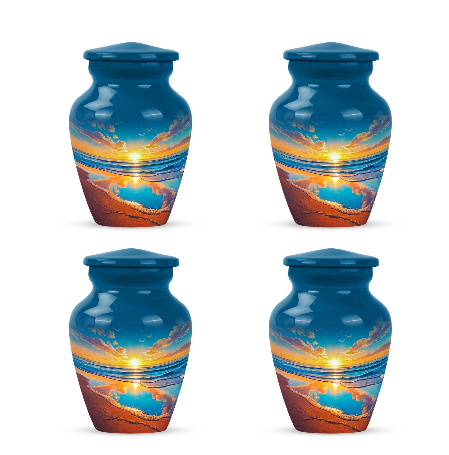 Sapphire Blue Beach Cremation Urn side profile showing urn shape - traditional beach engraving with hand-polished finish - 10 inch aluminum urn for cremated remains