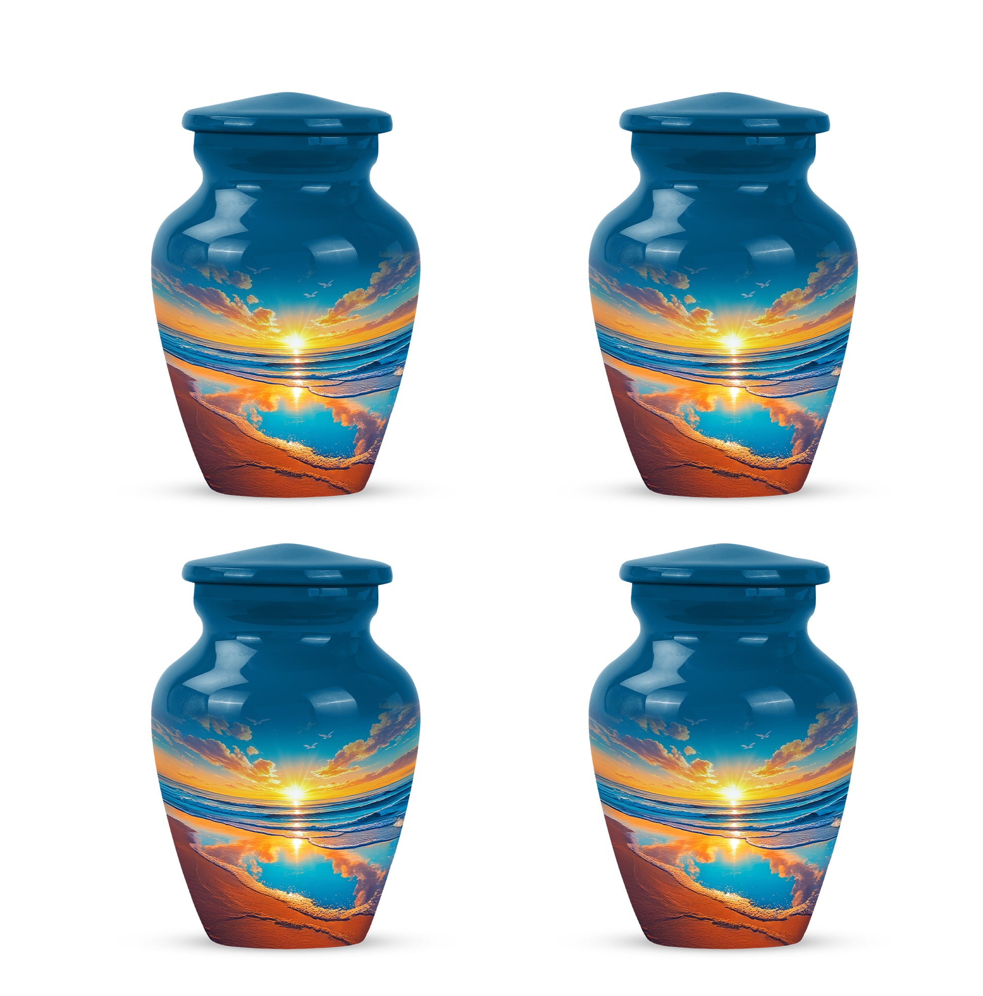 Sapphire Blue Beach Cremation Urn side profile showing urn shape - traditional beach engraving with hand-polished finish - 10 inch aluminum urn for cremated remains