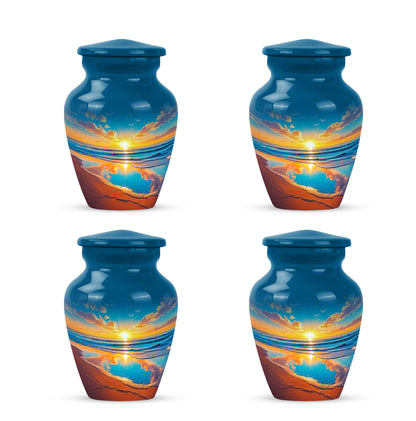 Sapphire Blue Beach Cremation Urn side profile showing urn shape - traditional beach engraving with hand-polished finish - 10 inch aluminum urn for cremated remains
