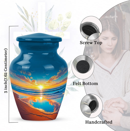 Soft Blue Beach Cremation Urn close-up of engraving and surface detail - elegant classic beach relief with fine detailing - mini keepsake memorial for portion of cremation ashes