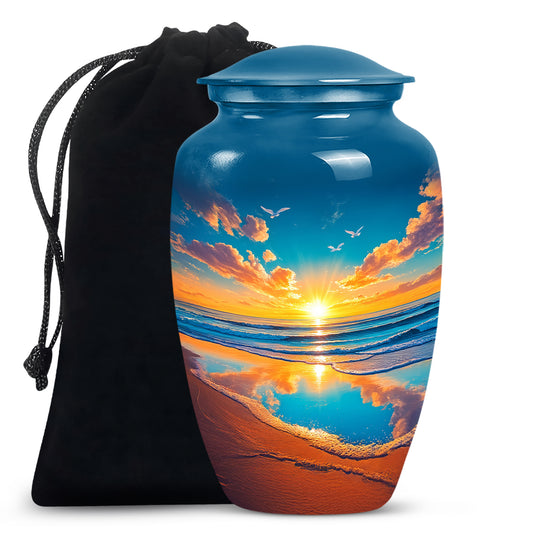 Cornflower Blue Beach Cremation Urn angled view of lid and engraved motif - elegant classic beach relief with fine detailing - full-size 10 inch 200 cubic inch adult cremation urn