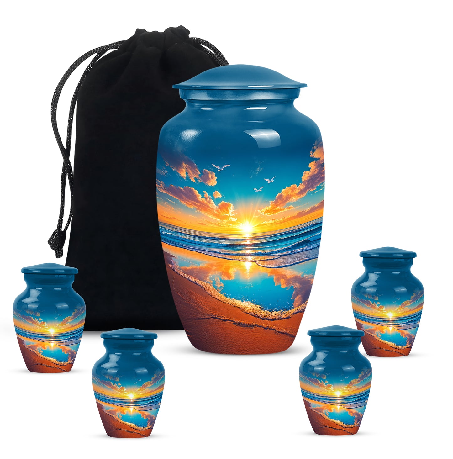 Cobalt Blue Beach Cremation Urn top-down view of secure threaded lid - elegant classic beach relief with fine detailing - memorial set with one large and four small urns