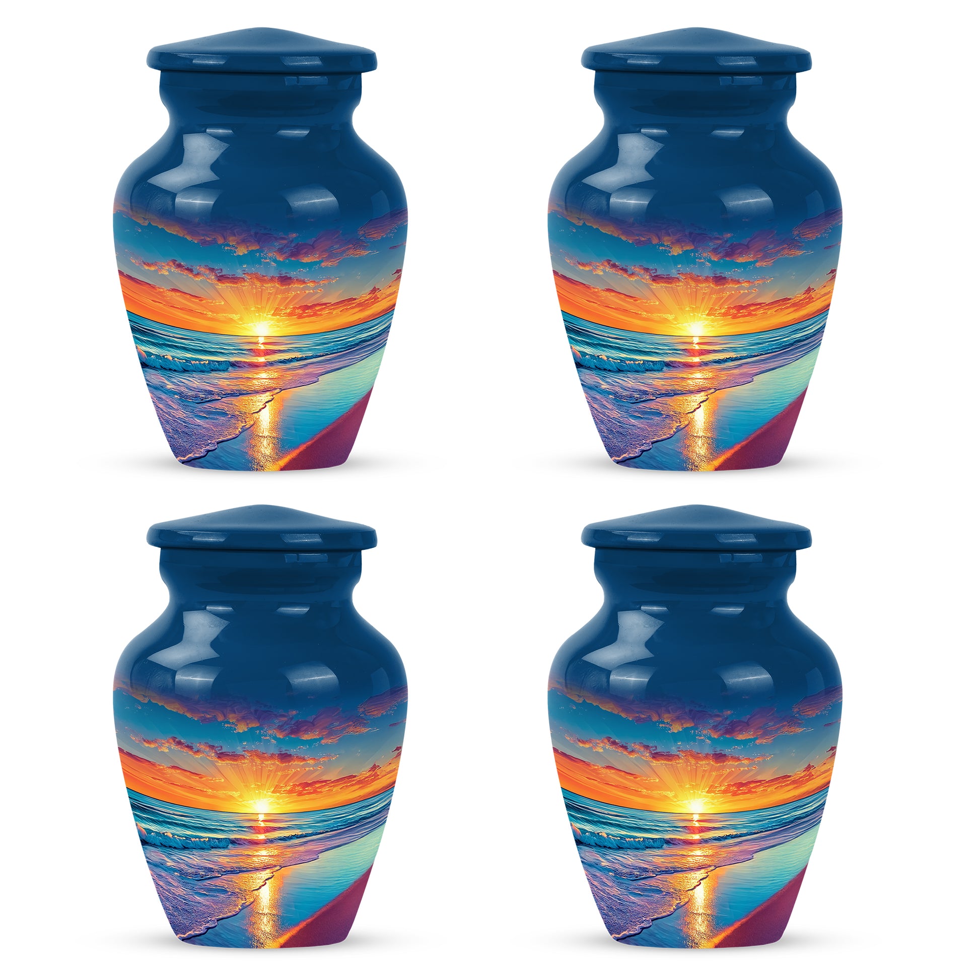 Soft Blue Beach Cremation Urn side profile showing urn shape - elegant classic beach relief with fine detailing - 10 inch aluminum urn for cremated remains
