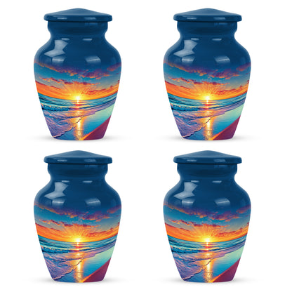 Soft Blue Beach Cremation Urn side profile showing urn shape - elegant classic beach relief with fine detailing - 10 inch aluminum urn for cremated remains