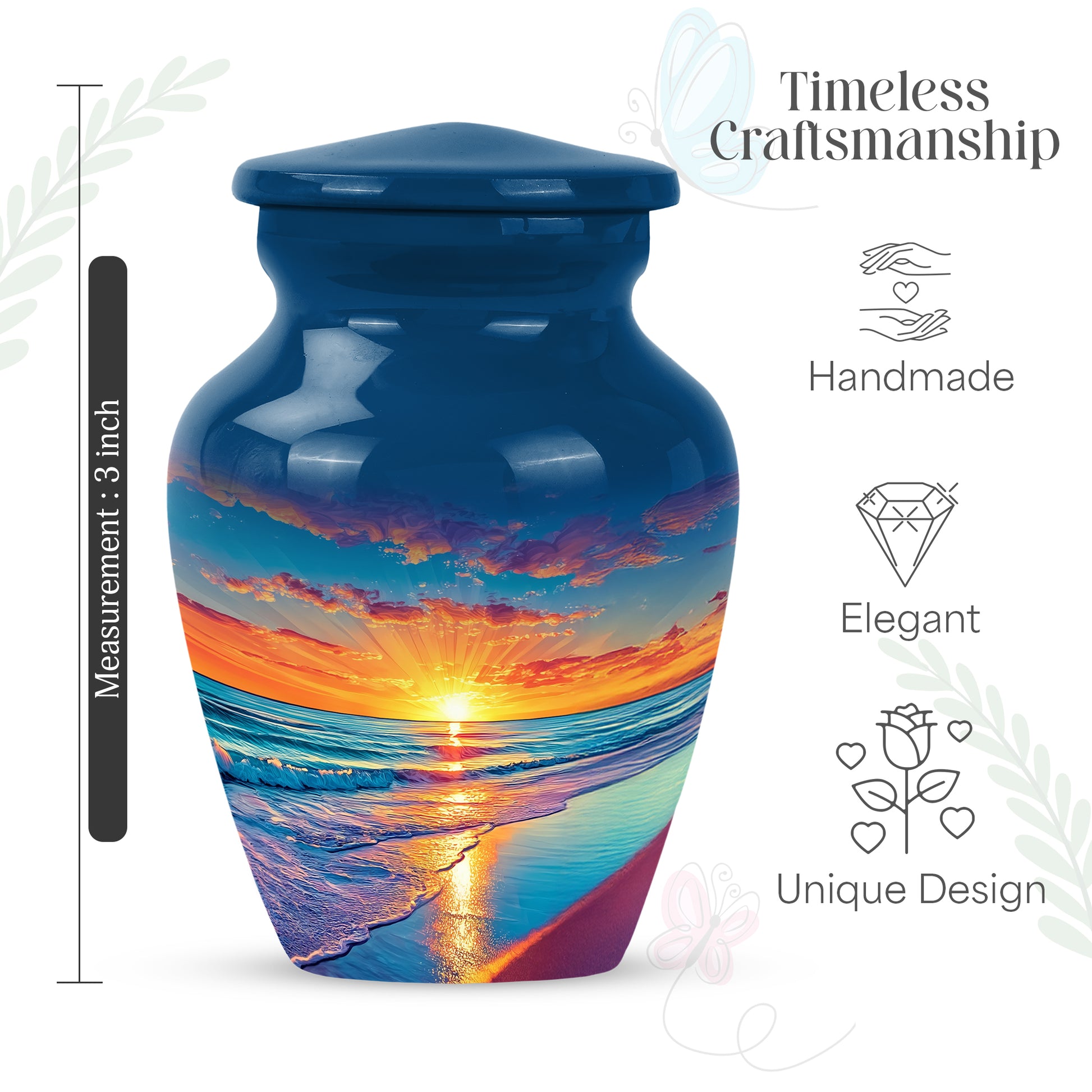 Powder Blue Beach Cremation Urn close-up of engraving and surface detail - timeless beach motif etched into premium metal - mini keepsake memorial for portion of cremation ashes