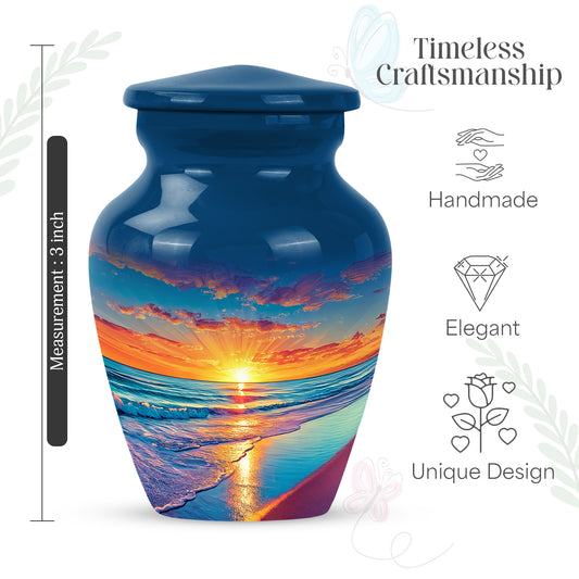 Powder Blue Beach Cremation Urn close-up of engraving and surface detail - timeless beach motif etched into premium metal - mini keepsake memorial for portion of cremation ashes