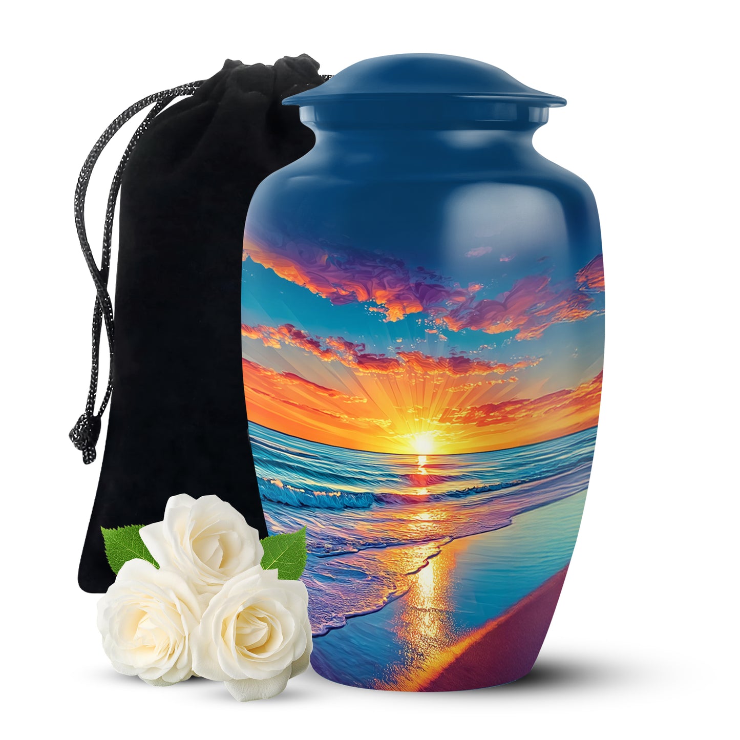 Icy Blue Beach Cremation Urn angled view of lid and engraved motif - timeless beach motif etched into premium metal - full-size 10 inch 200 cubic inch adult cremation urn