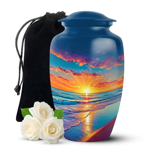 Icy Blue Beach Cremation Urn angled view of lid and engraved motif - timeless beach motif etched into premium metal - full-size 10 inch 200 cubic inch adult cremation urn