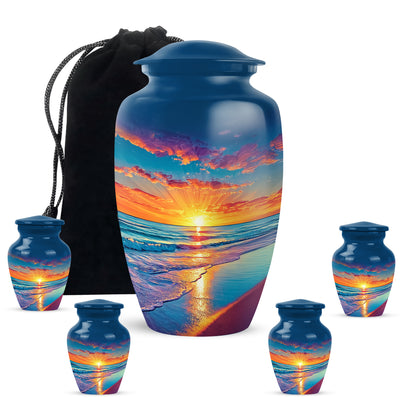 Slate Blue Beach Cremation Urn top-down view of secure threaded lid - timeless beach motif etched into premium metal - memorial set with one large and four small urns