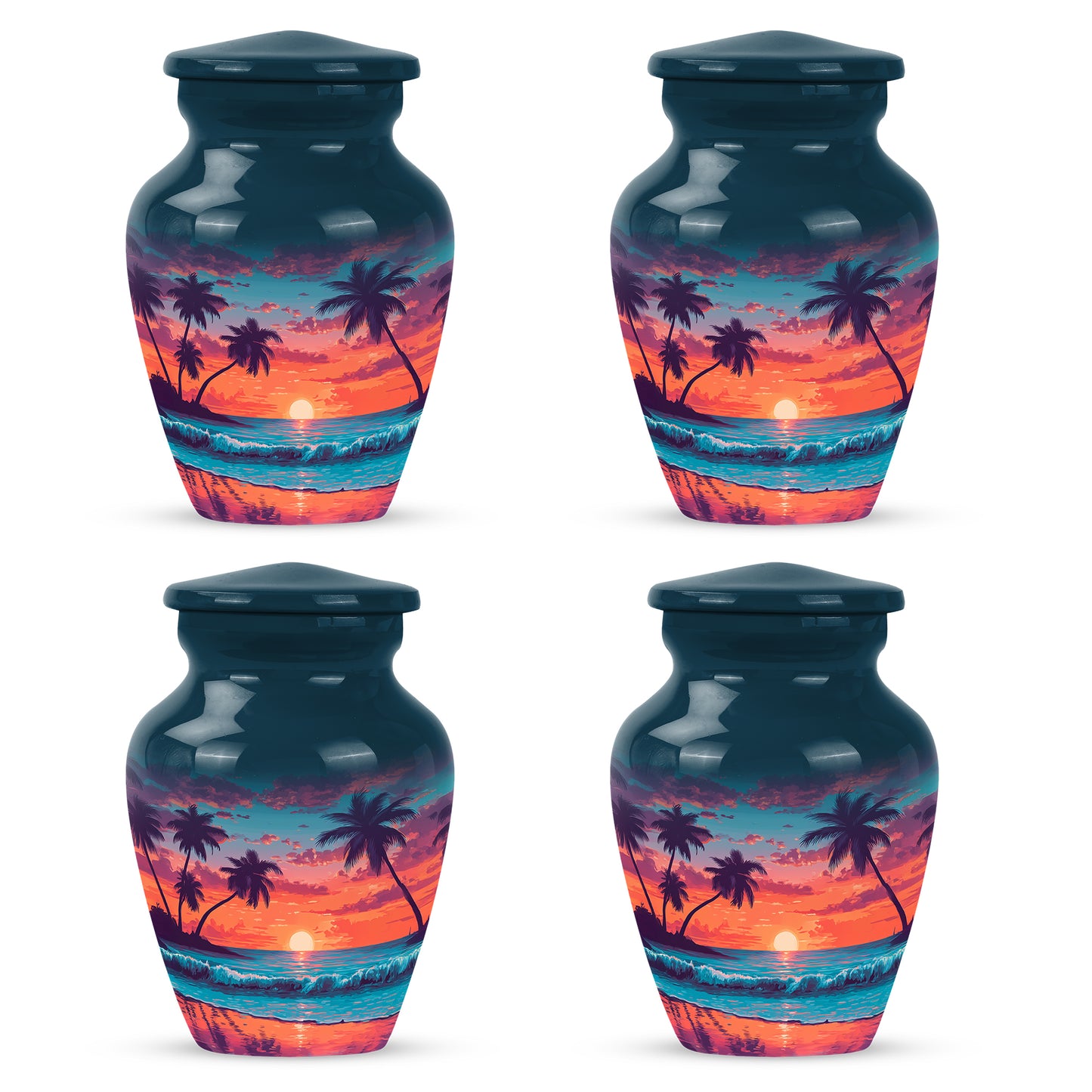 Bright Blue Beach Cremation Urn side profile showing urn shape - traditional beach engraving with hand-polished finish - 10 inch aluminum urn for cremated remains