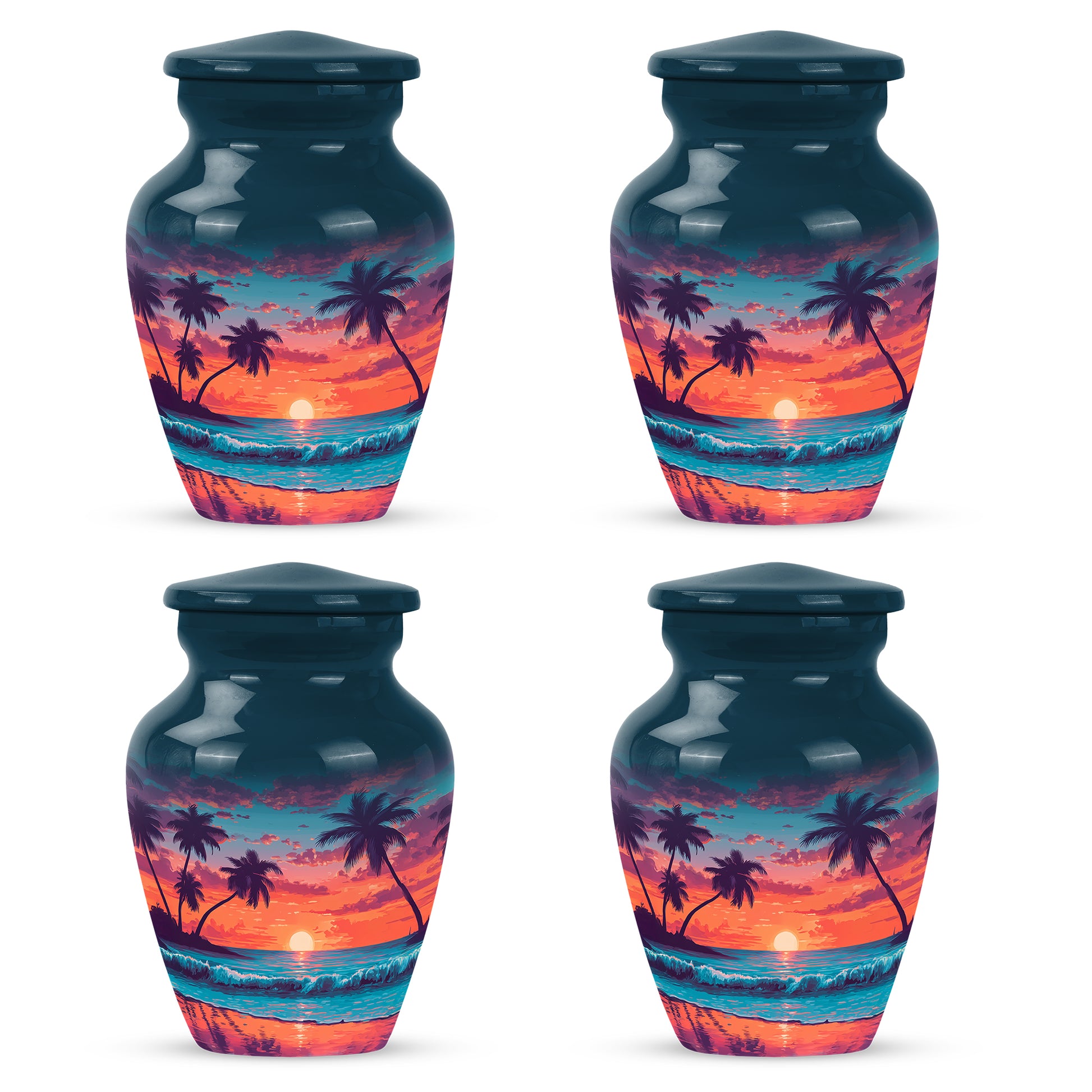 Bright Blue Beach Cremation Urn side profile showing urn shape - traditional beach engraving with hand-polished finish - 10 inch aluminum urn for cremated remains