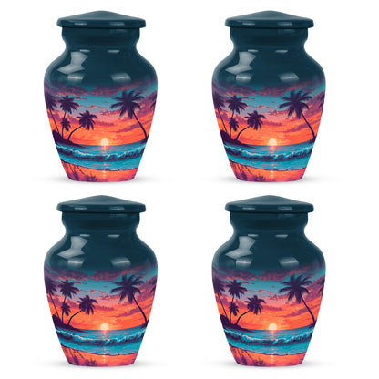 Bright Blue Beach Cremation Urn side profile showing urn shape - traditional beach engraving with hand-polished finish - 10 inch aluminum urn for cremated remains