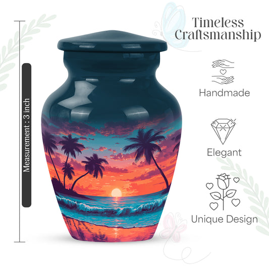 Pastel Blue Beach Cremation Urn close-up of engraving and surface detail - classic sculpted beach pattern on smooth aluminum - mini keepsake memorial for portion of cremation ashes