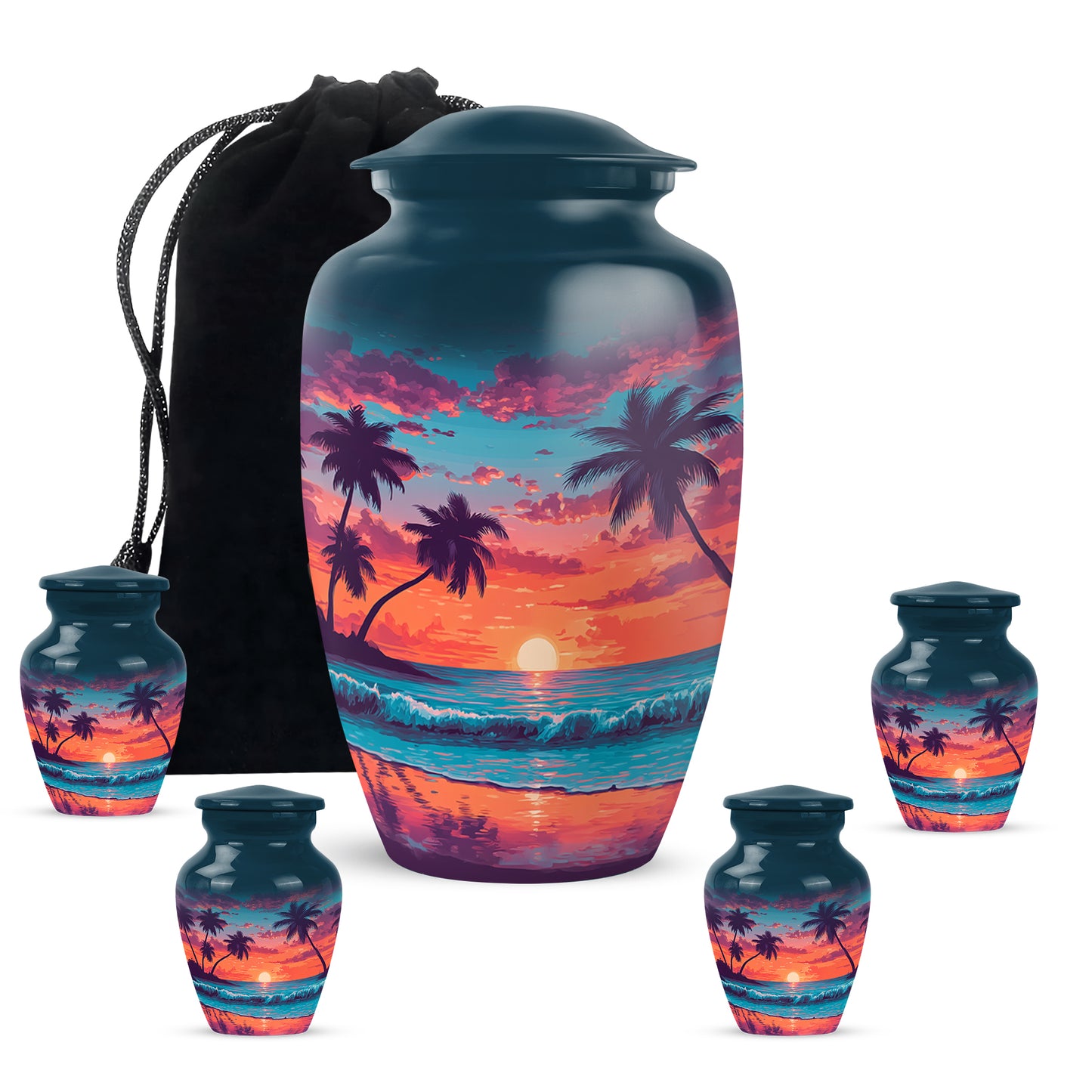 Calming Blue Beach Cremation Urn top-down view of secure threaded lid - traditional beach engraving with hand-polished finish - memorial set with one large and four small urns