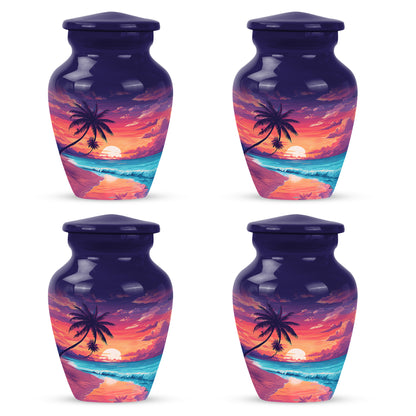Icy Blue Beach Cremation Urn side profile showing urn shape - timeless beach motif etched into premium metal - 10 inch aluminum urn for cremated remains