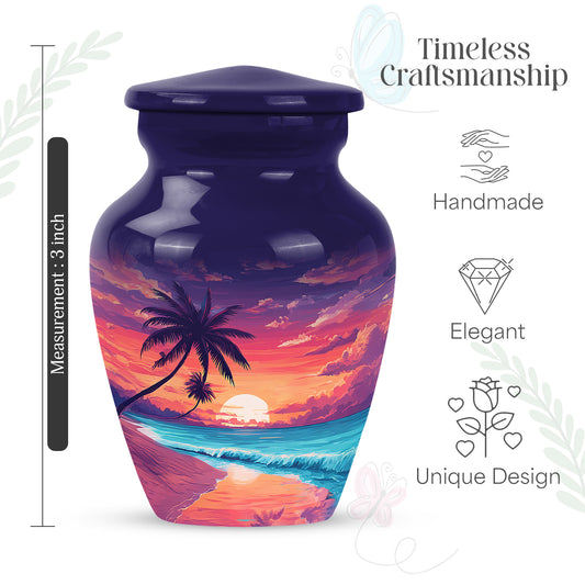 Navy Blue Beach Cremation Urn close-up of engraving and surface detail - classic sculpted beach pattern on smooth aluminum - mini keepsake memorial for portion of cremation ashes