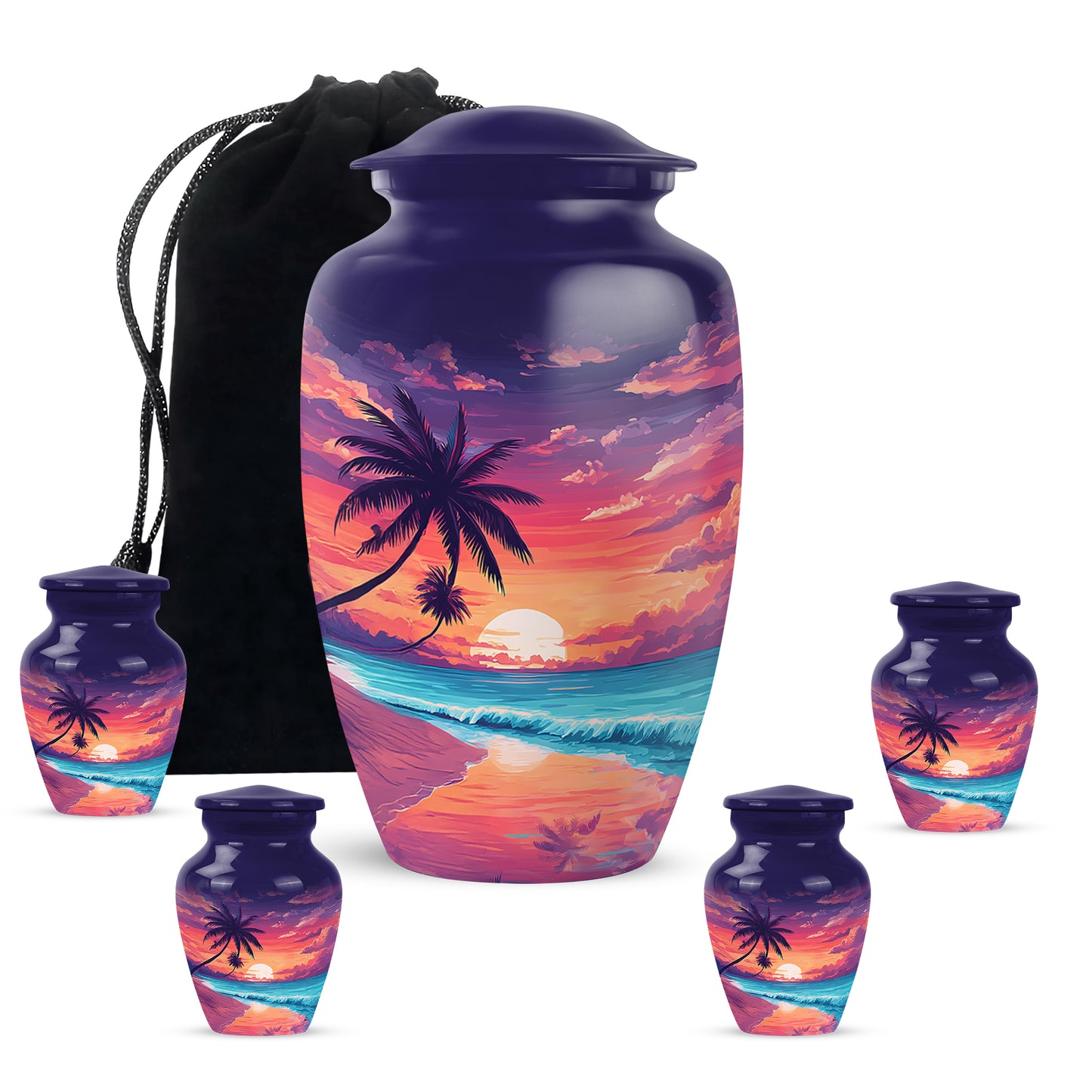 Indigo Beach Cremation Urn top-down view of secure threaded lid - classic sculpted beach pattern on smooth aluminum - memorial set with one large and four small urns