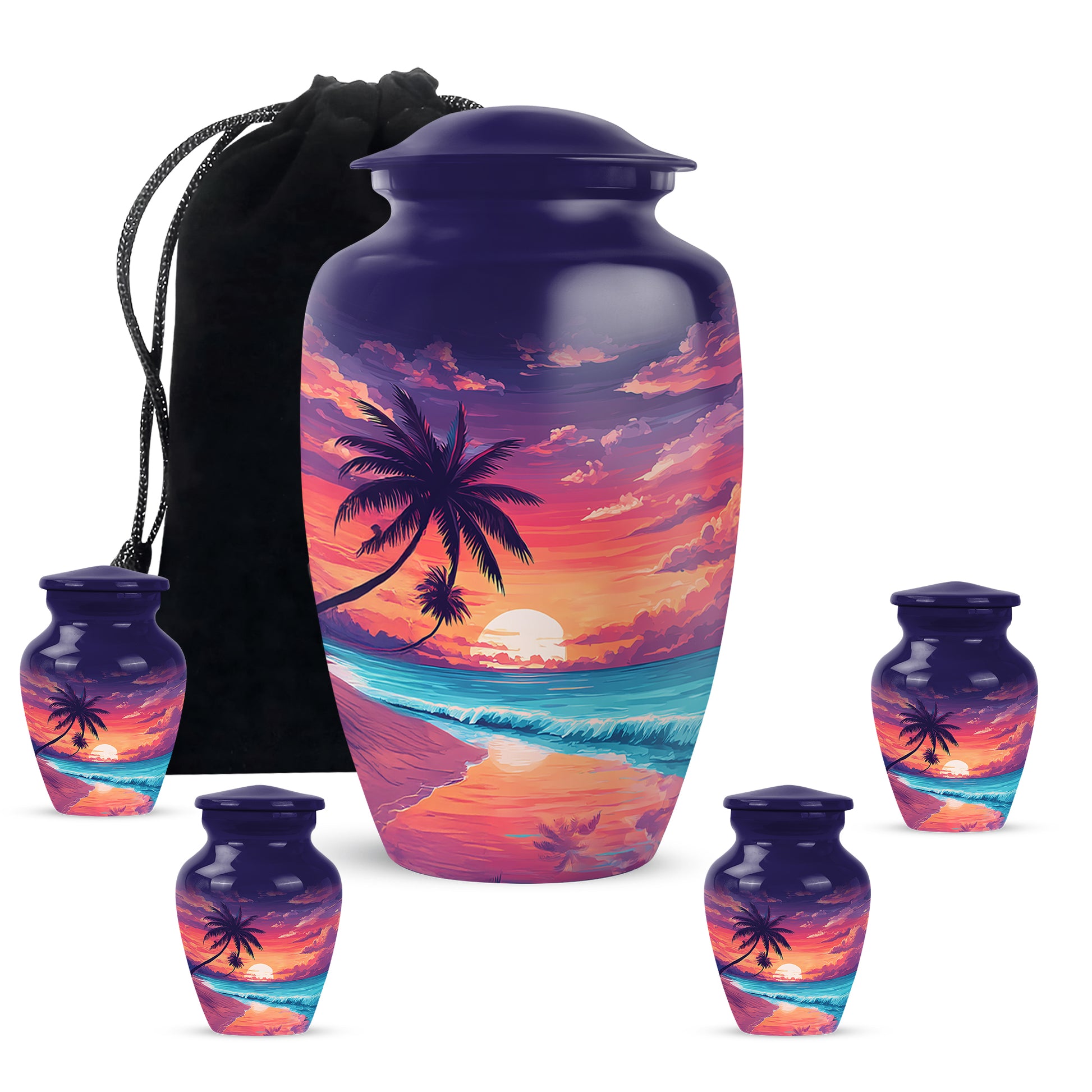 Indigo Beach Cremation Urn top-down view of secure threaded lid - classic sculpted beach pattern on smooth aluminum - memorial set with one large and four small urns